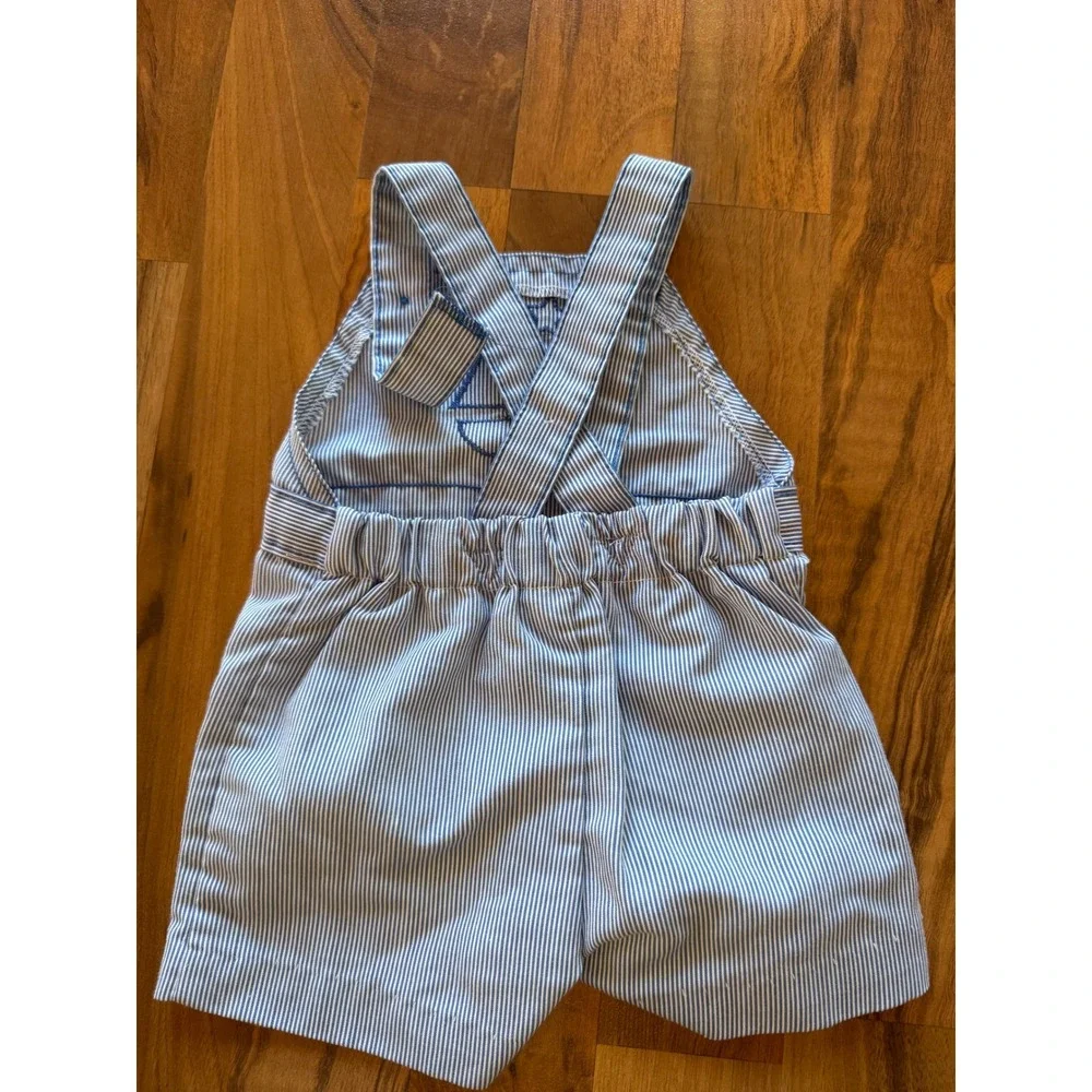 Vintage Health-tex Baby Boy Blue‎ White Pinstripe Sailboat Shortall Overalls 6M